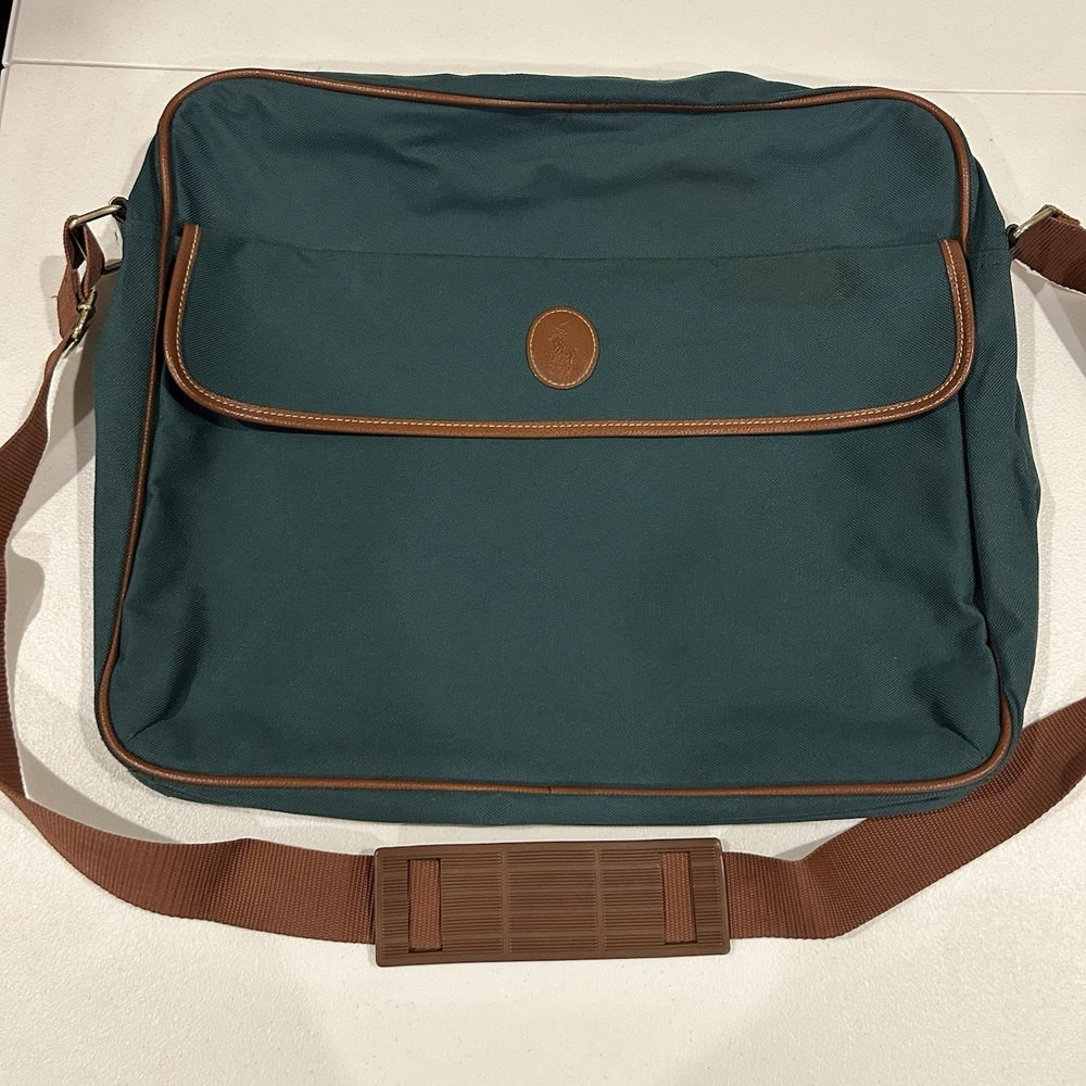Vintage POLO RALPH LAUREN Shoulder Messenger Bag Green Canvas Laptop Bag EUC